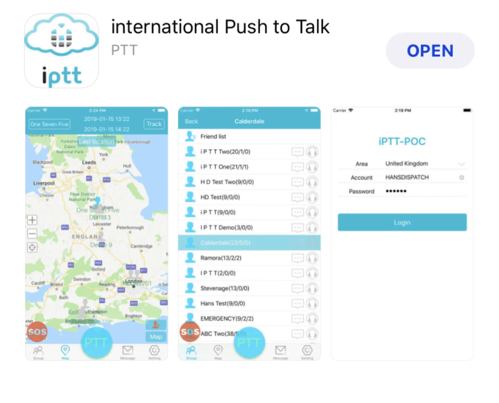 iPhone screens from the iPTT POC app showing a UK tracking map, the talkgroup list and the iPTT-POC login set to United Kingdom