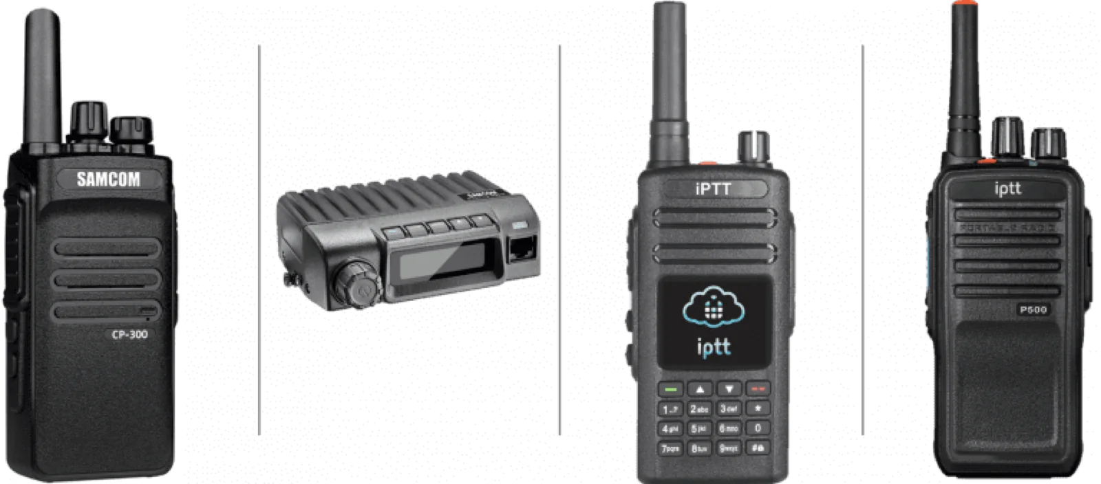 Line-up of iPTT push-to-talk radio terminals: the SAMCOM CP-300 handheld, an in-vehicle mobile radio, and the iPTT P600 and P500 portable radios