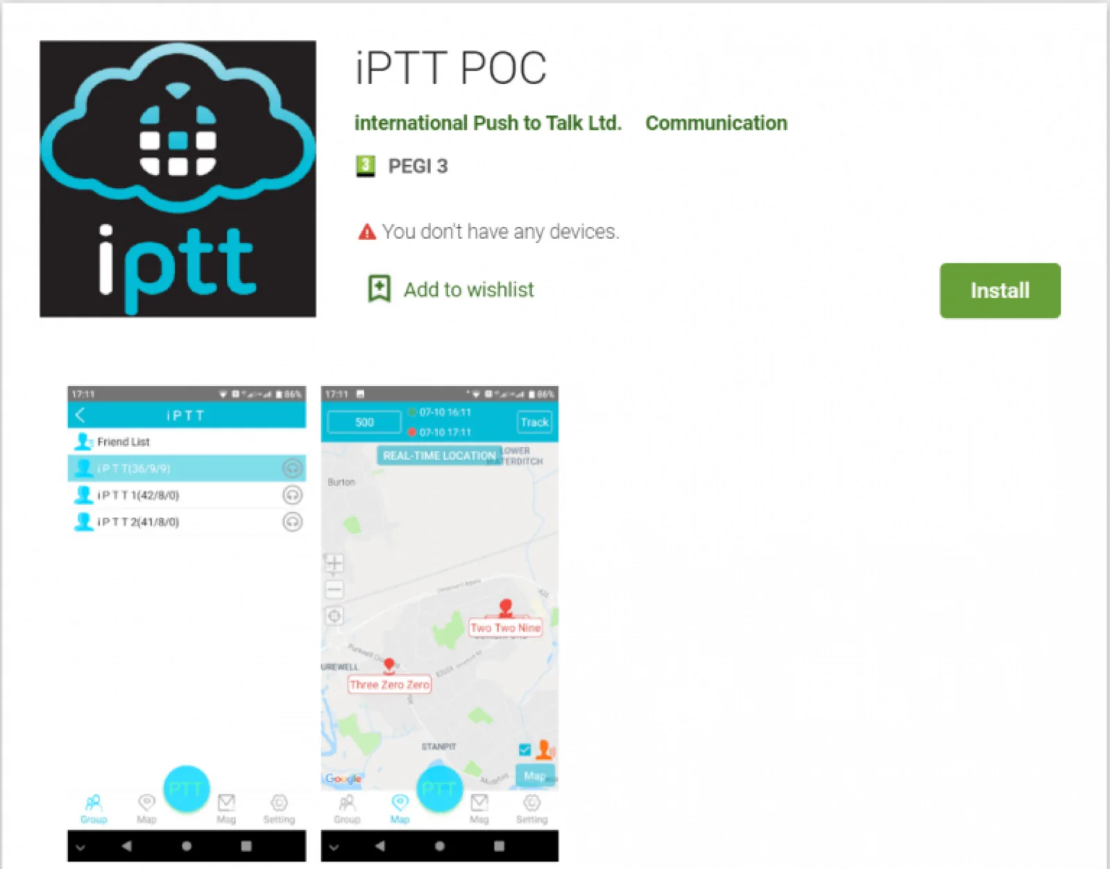 The iPTT POC app by International Push to Talk Ltd on the Google Play Store, with Android screenshots of the talkgroup list and real-time location map