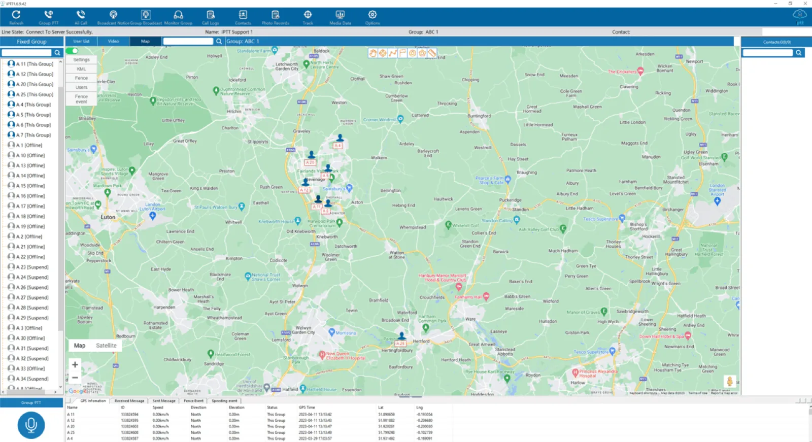 The iPTT Dispatcher console plotting live push-to-talk radio users on a UK map around Stevenage, Luton and Hertford