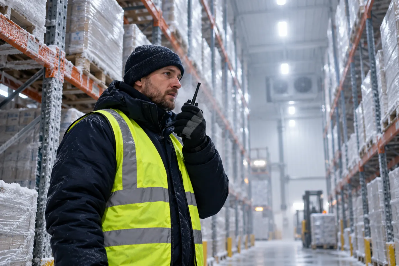 Warehouse worker in a thermal jacket using a two way radio inside a cold store with frosted pallet racking