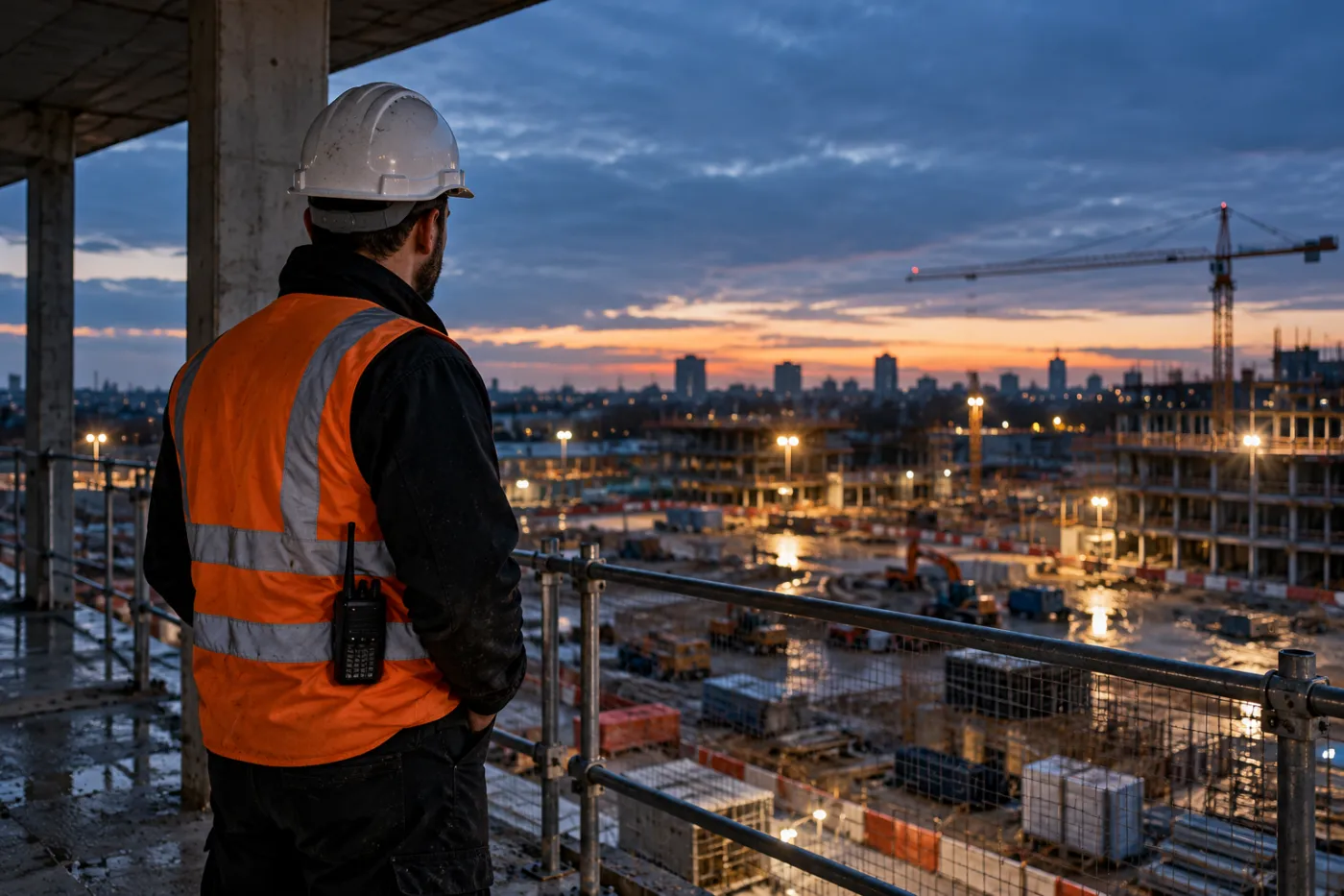Construction worker in high-visibility clothing at dusk on a building site, with a two-way radio clipped to their vest.