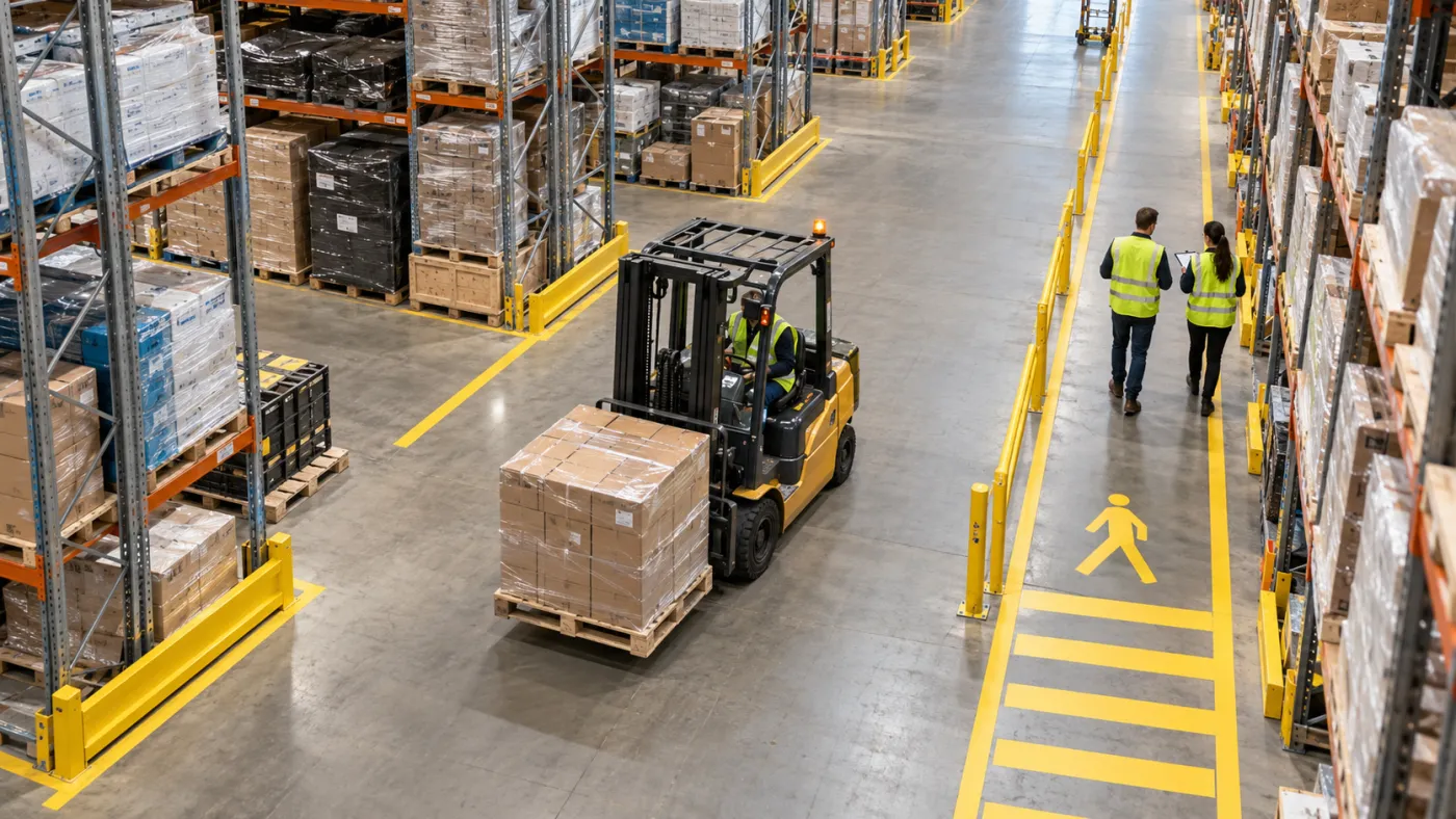 Forklift carrying a pallet beside a marked pedestrian walkway where two warehouse staff in high-visibility vests are walking