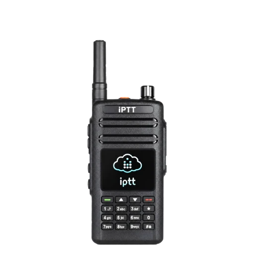 iPTT handheld radio with a keypad and screen, featuring built-in man-down functionality.