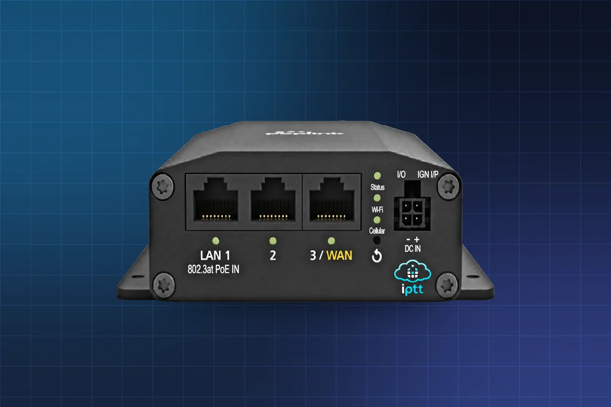Front view of the iPTT 5G router showing its three LAN / WAN ports, PoE input and status, Wi-Fi and cellular indicators for remote network management