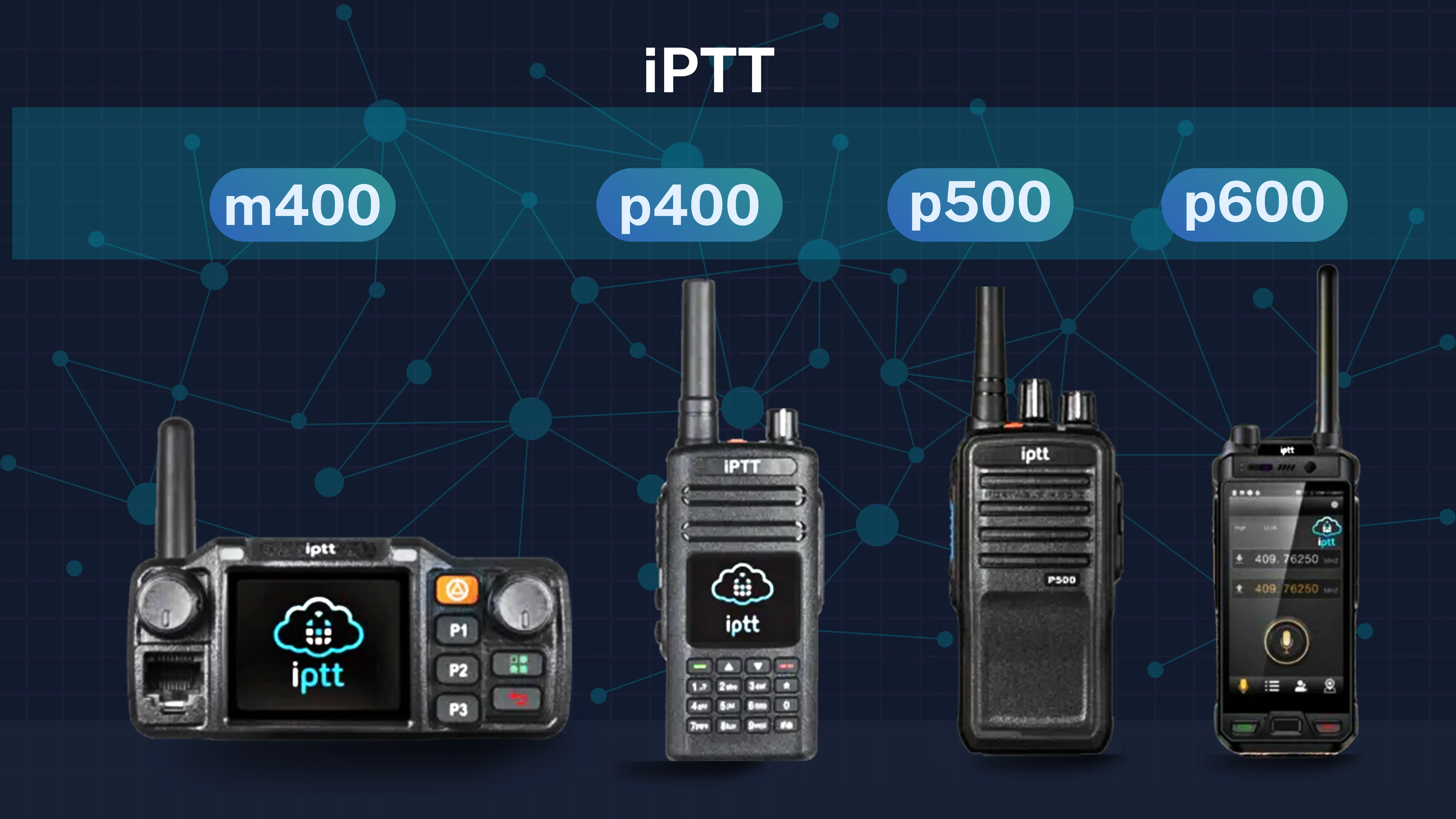 The iPTT radio range featured on the iPTT YouTube channel: m400 mobile radio, p400, p500 and p600 handheld push-to-talk over cellular radios